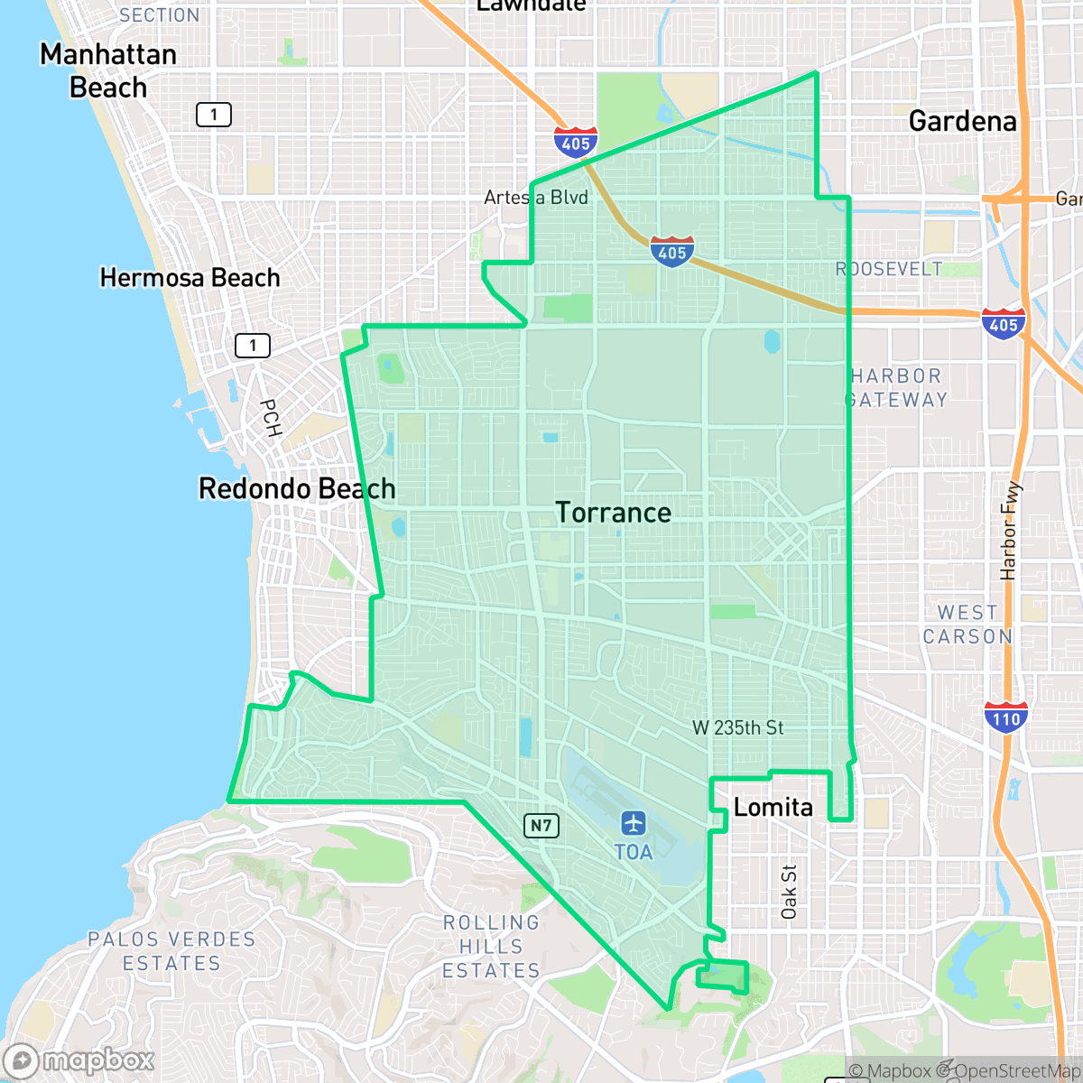 Map showing the location of Torrance, CA — coverage area