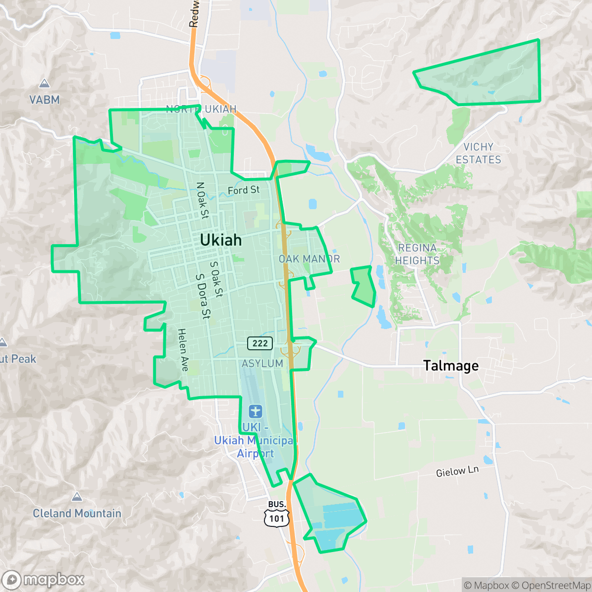 Map showing the location of Ukiah, CA — coverage area
