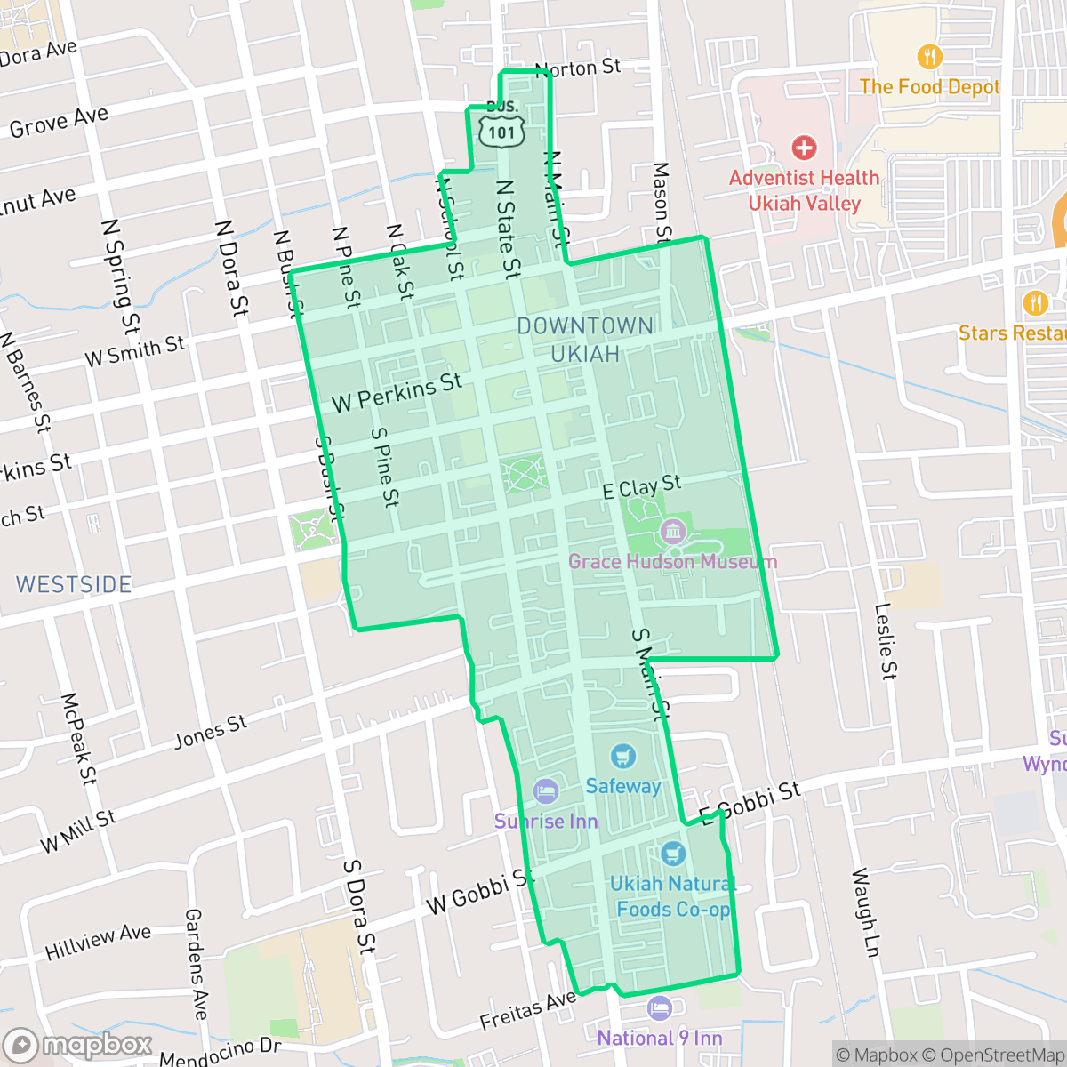 Map showing the location of Downtown, Ukiah, CA