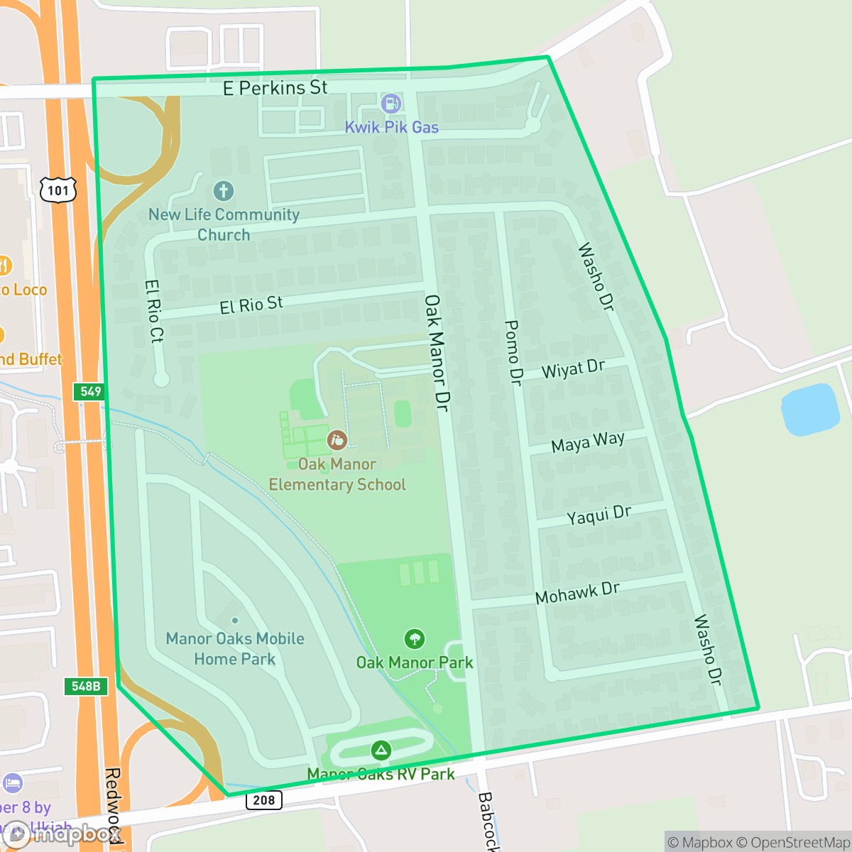 Map showing the location of Oak Manor, Ukiah, CA