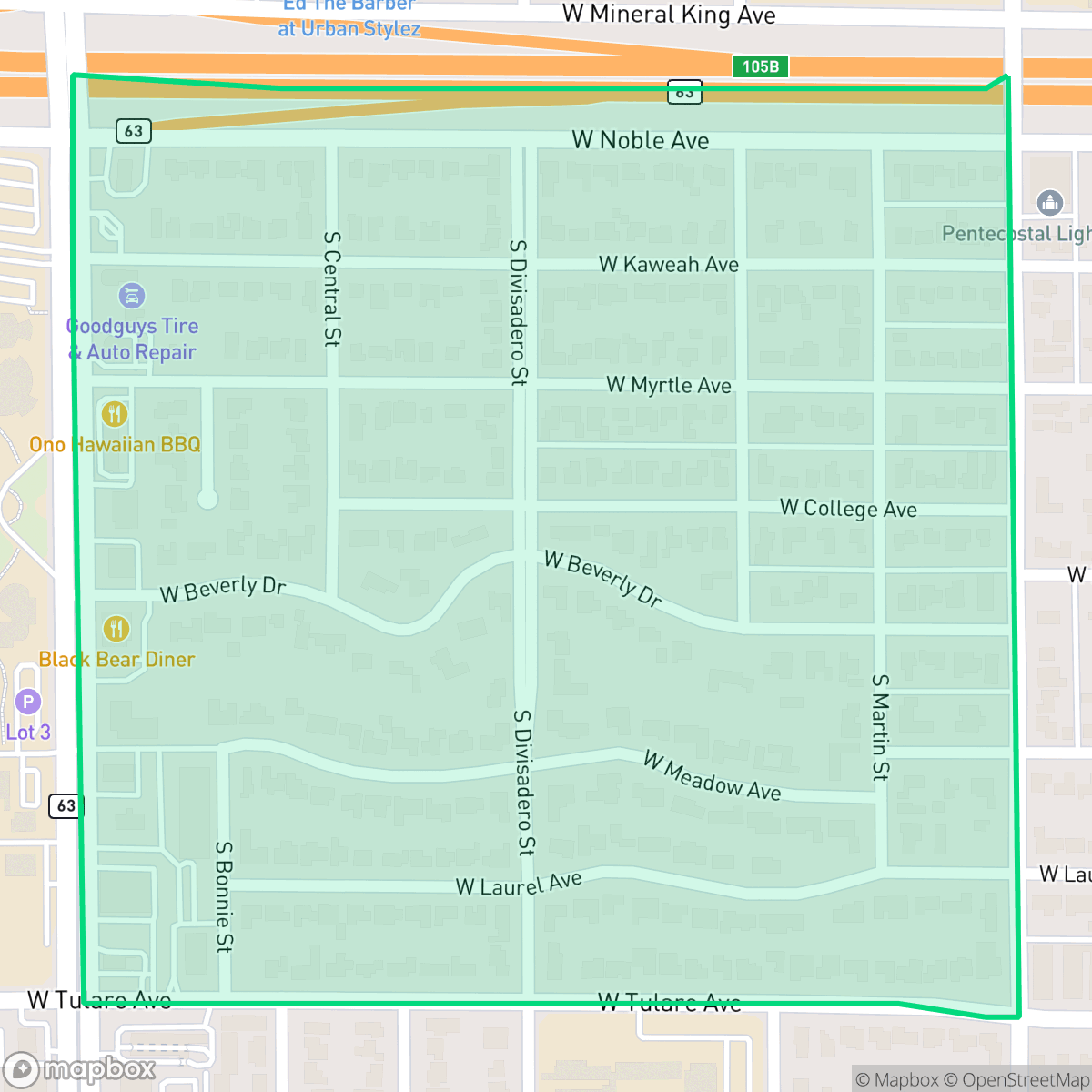 Map showing the location of Beverley Glen, Visalia, CA