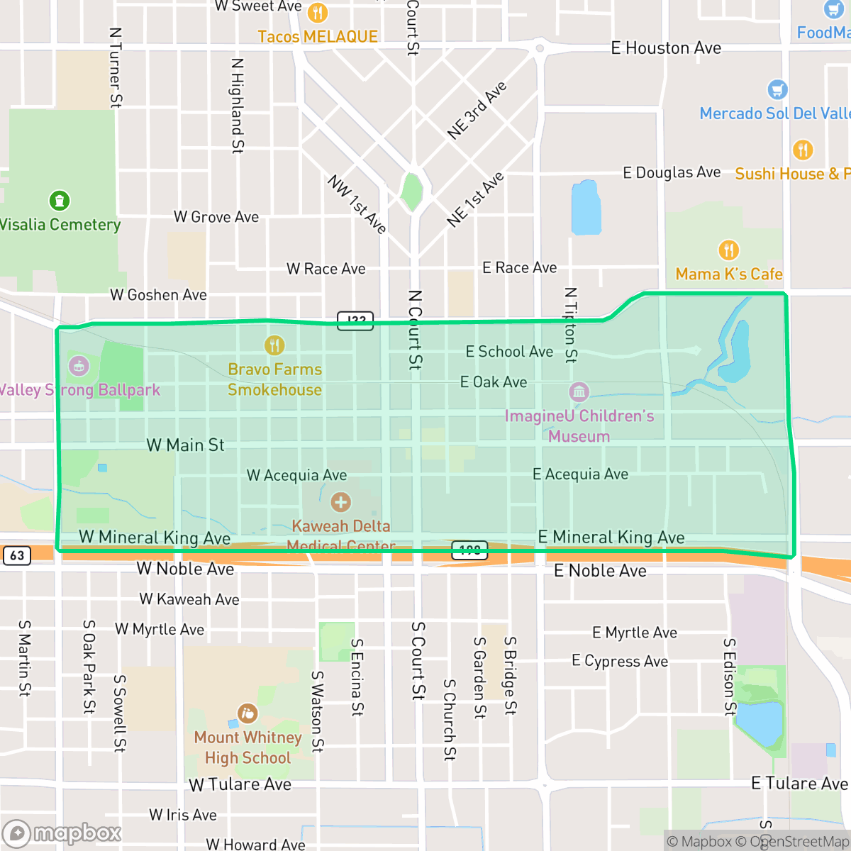 Map showing the location of Downtown, Visalia, CA