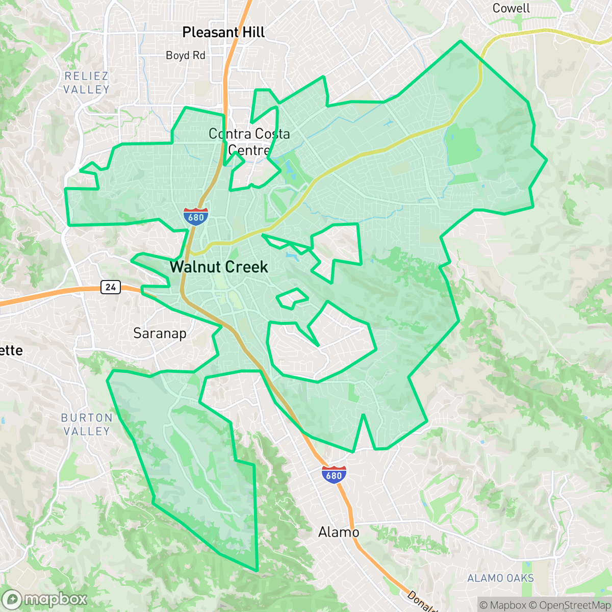 Map showing the location of Walnut Creek, CA — coverage area