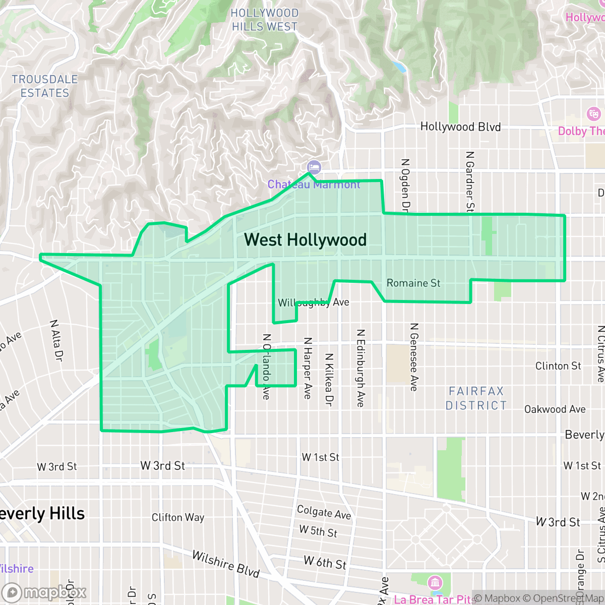 Map showing the location of West Hollywood, CA — coverage area