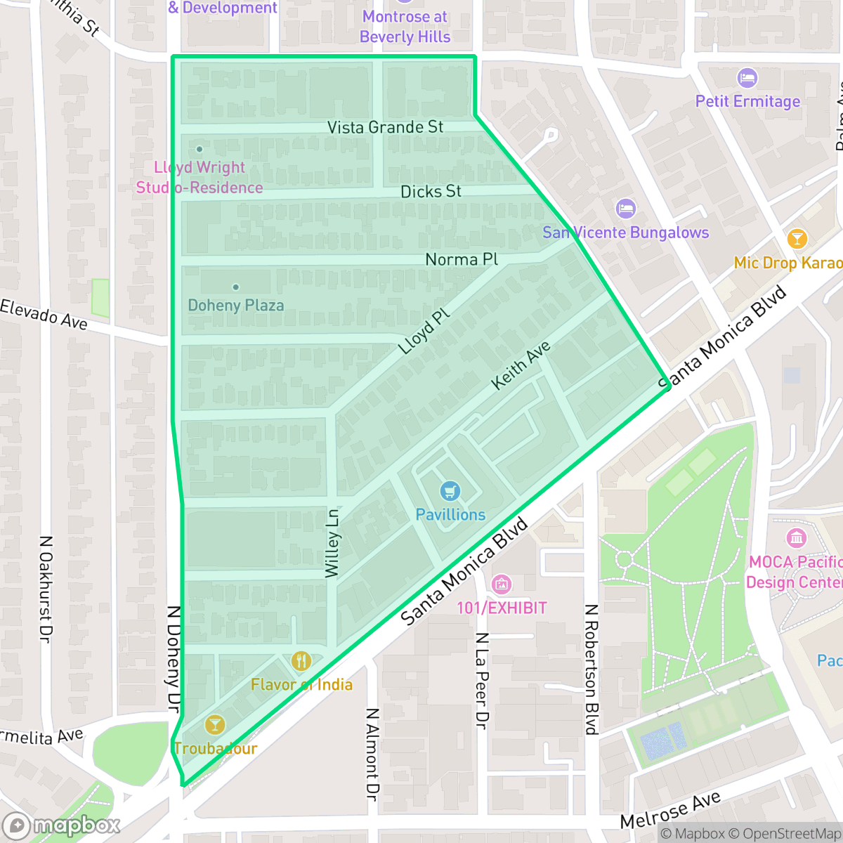 Map showing the location of Norma Triangle, West Hollywood, CA