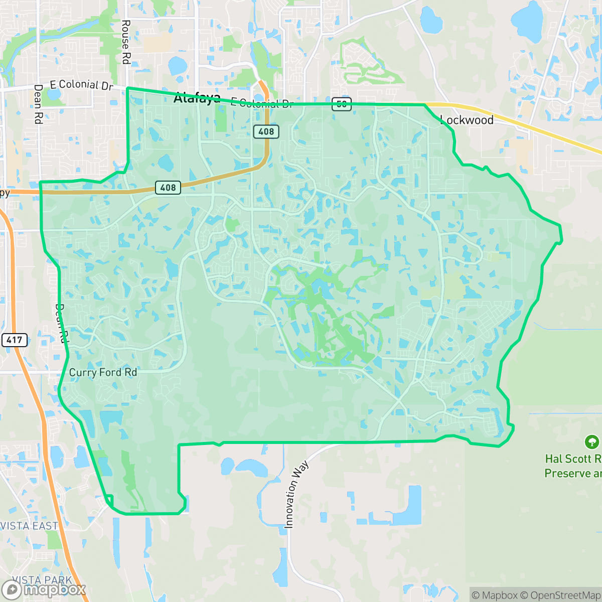 Map showing the location of Alafaya, FL — coverage area