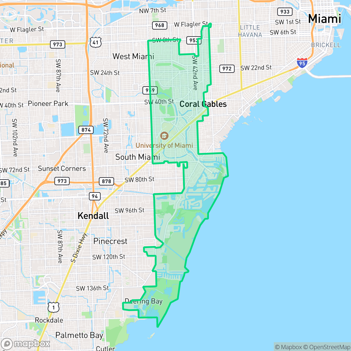Map showing the location of Coral Gables, FL — coverage area