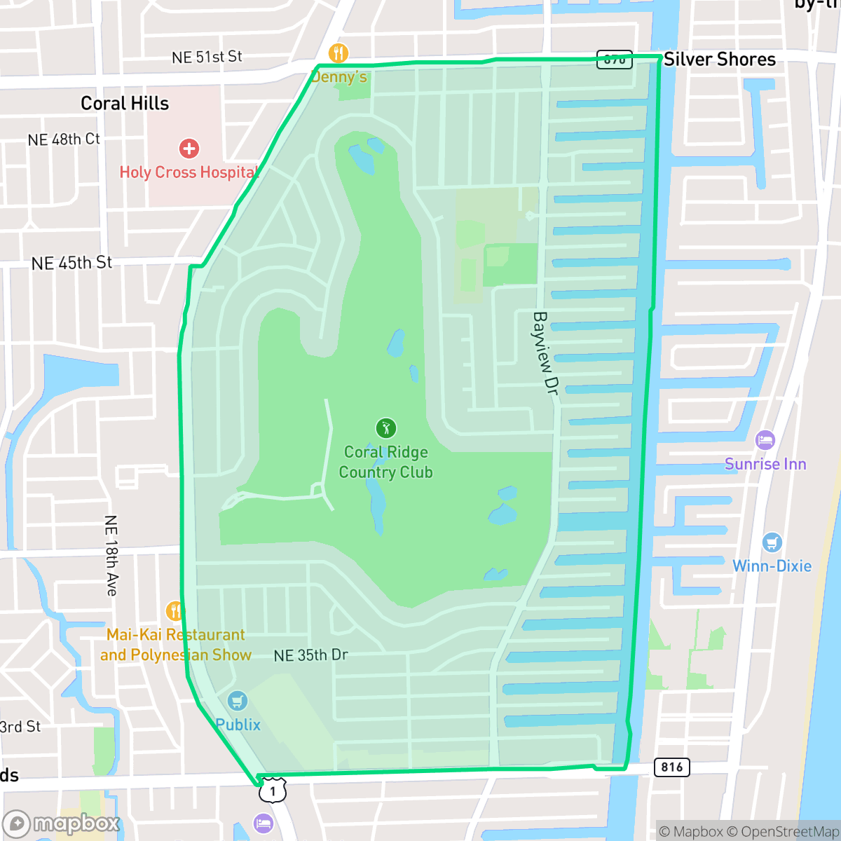 Map showing the location of Coral Ridge Country Club, Fort Lauderdale, FL