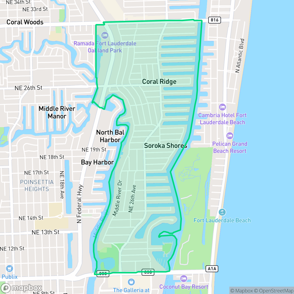 Map showing the location of Coral Ridge, Fort Lauderdale, FL
