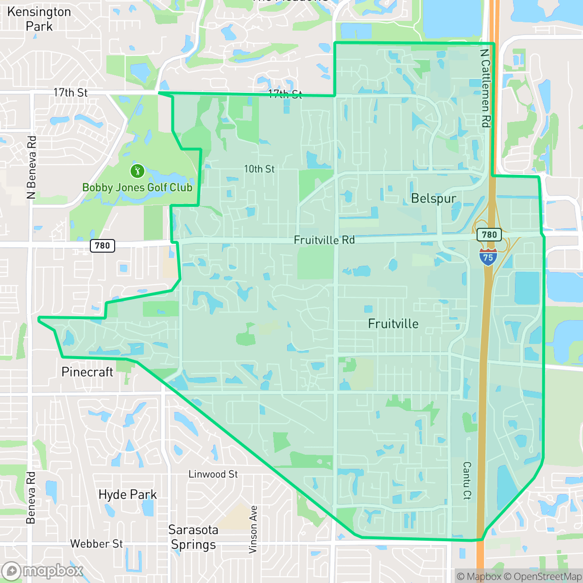 Map showing the location of Fruitville, FL — coverage area