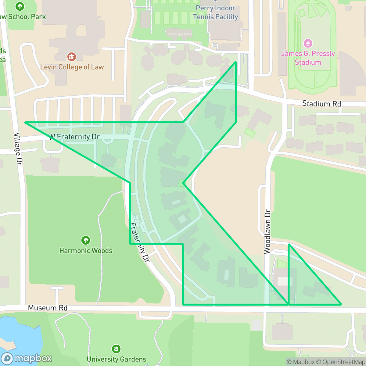 Map showing the location of Fraternity Row, Gainesville, FL