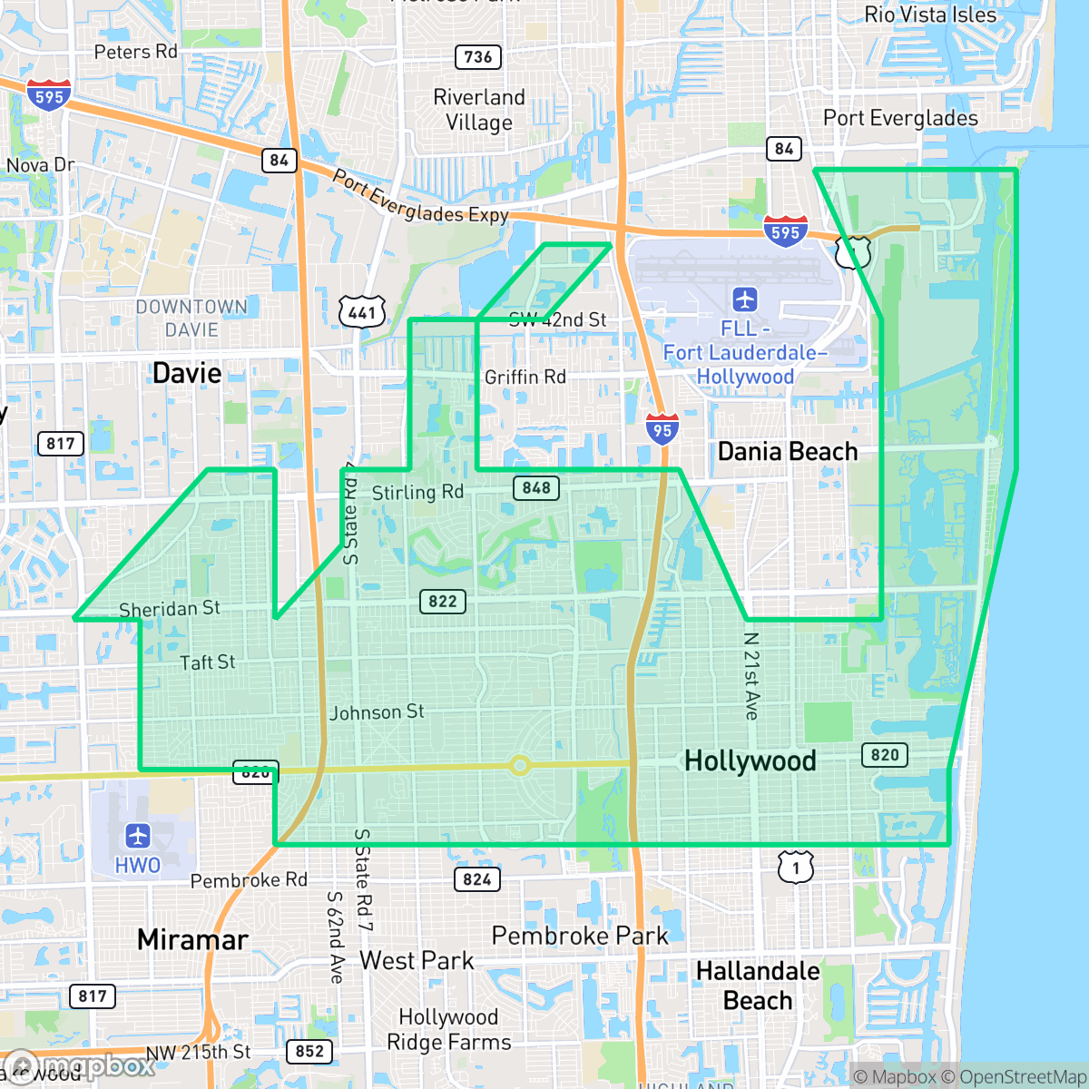 Map showing the location of Hollywood, FL — coverage area