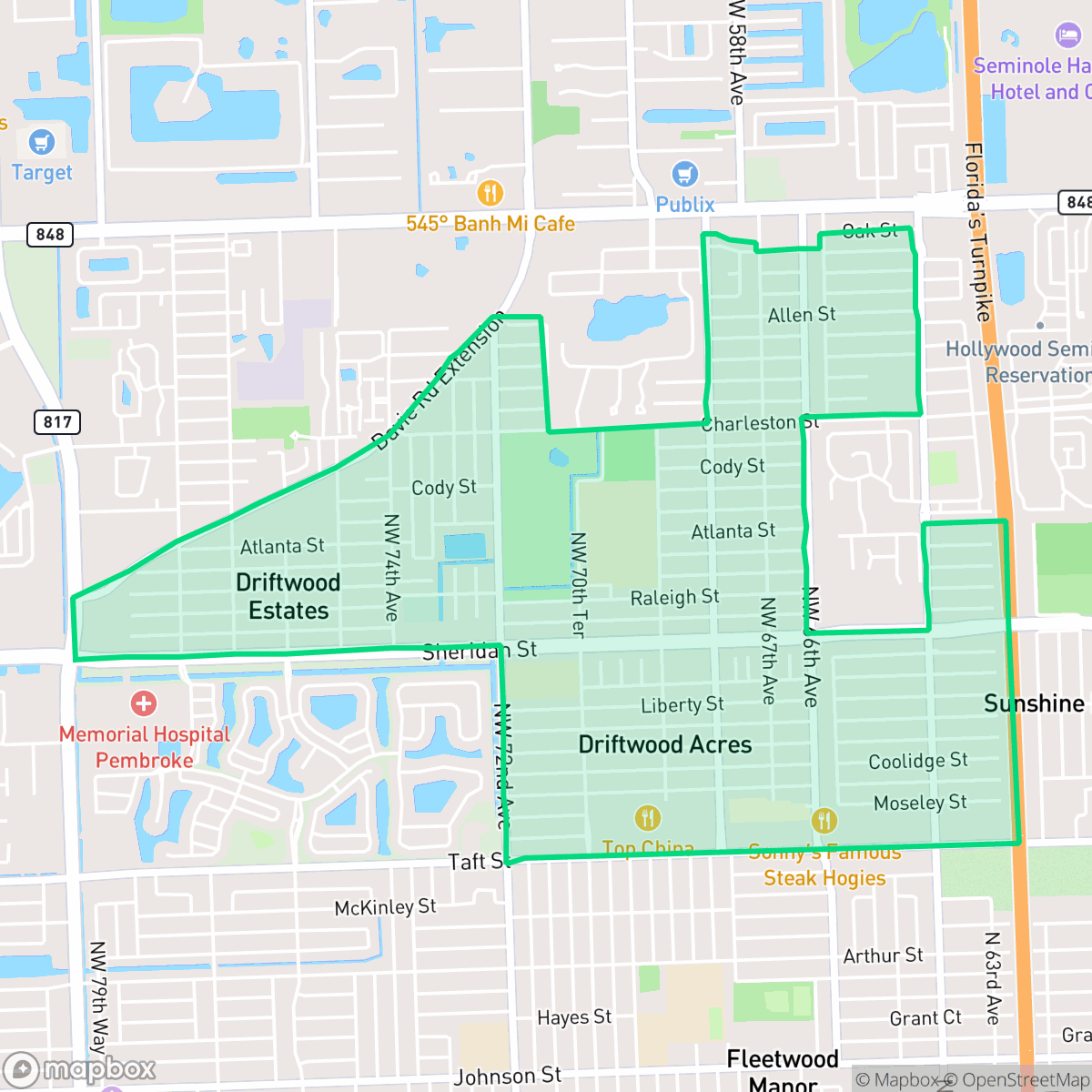 Map showing the location of Driftwood, Hollywood, FL