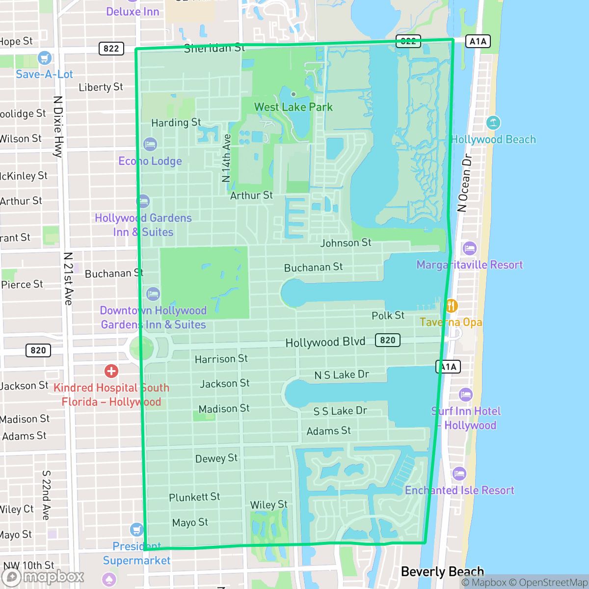 Map showing the location of Hollywood Lakes, Hollywood, FL