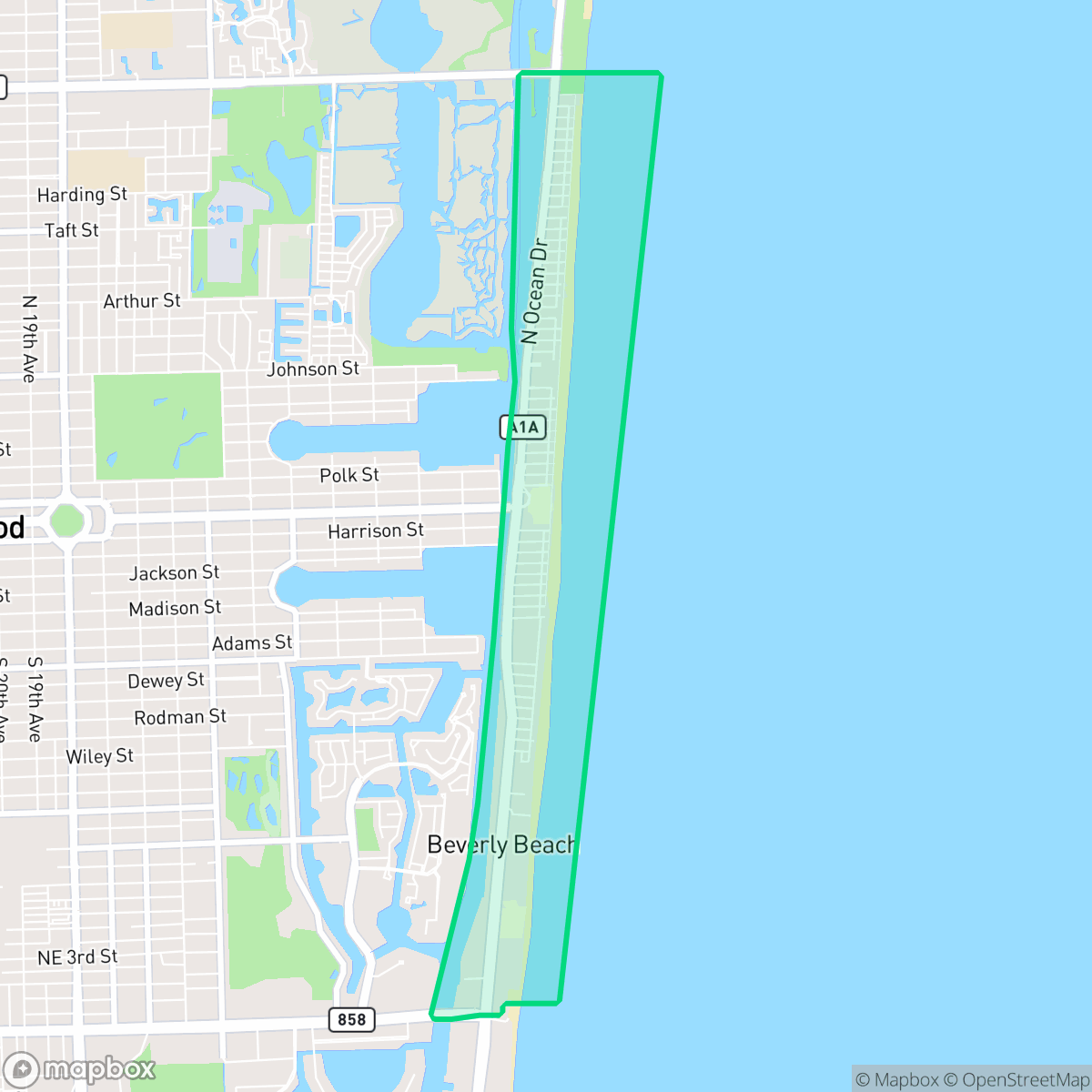 Map showing the location of South Central Beach, Hollywood, FL
