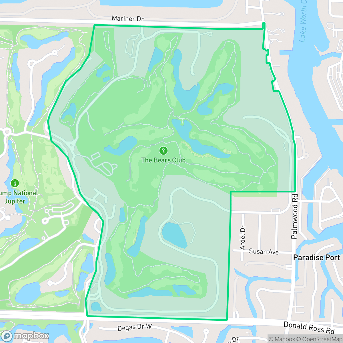 Map showing the location of Bear's Club, Jupiter, FL