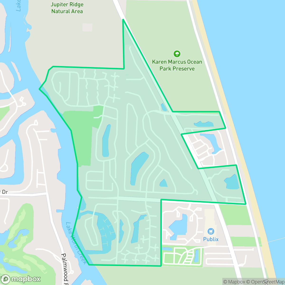 Map showing the location of Bluffs, Jupiter, FL