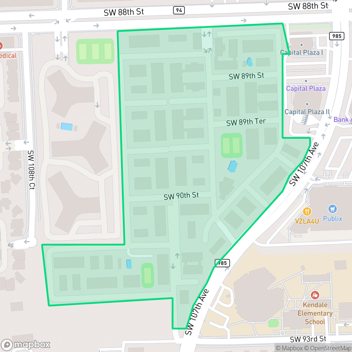 Map showing the location of Spanish Trace Condominums, Kendall, FL