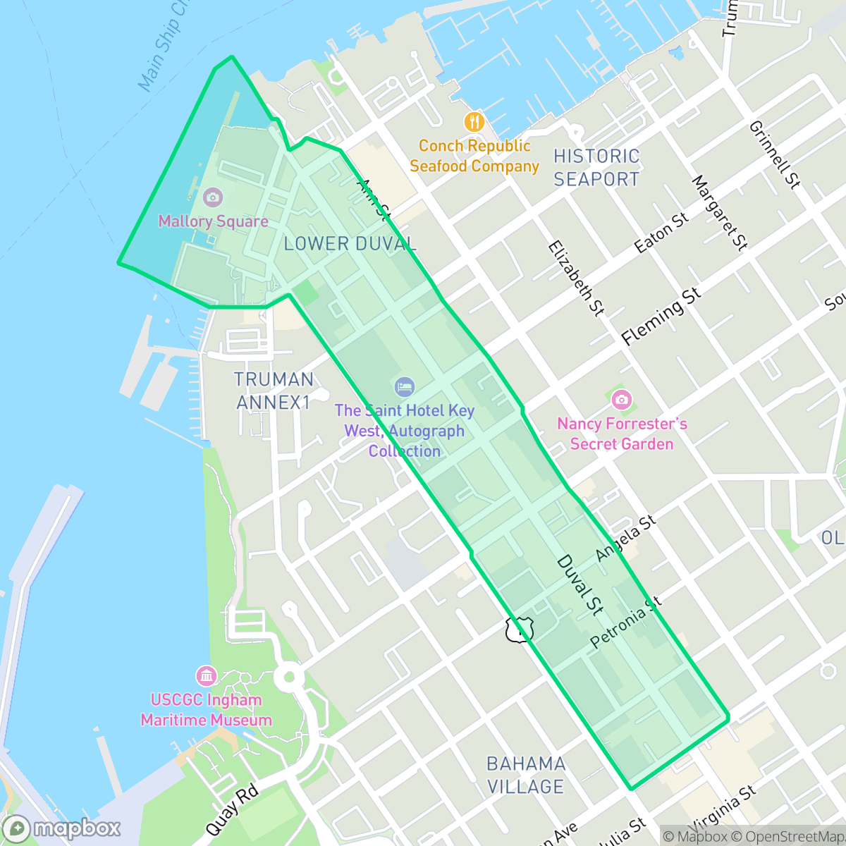 Map showing the location of Duvall Street, Key West, FL
