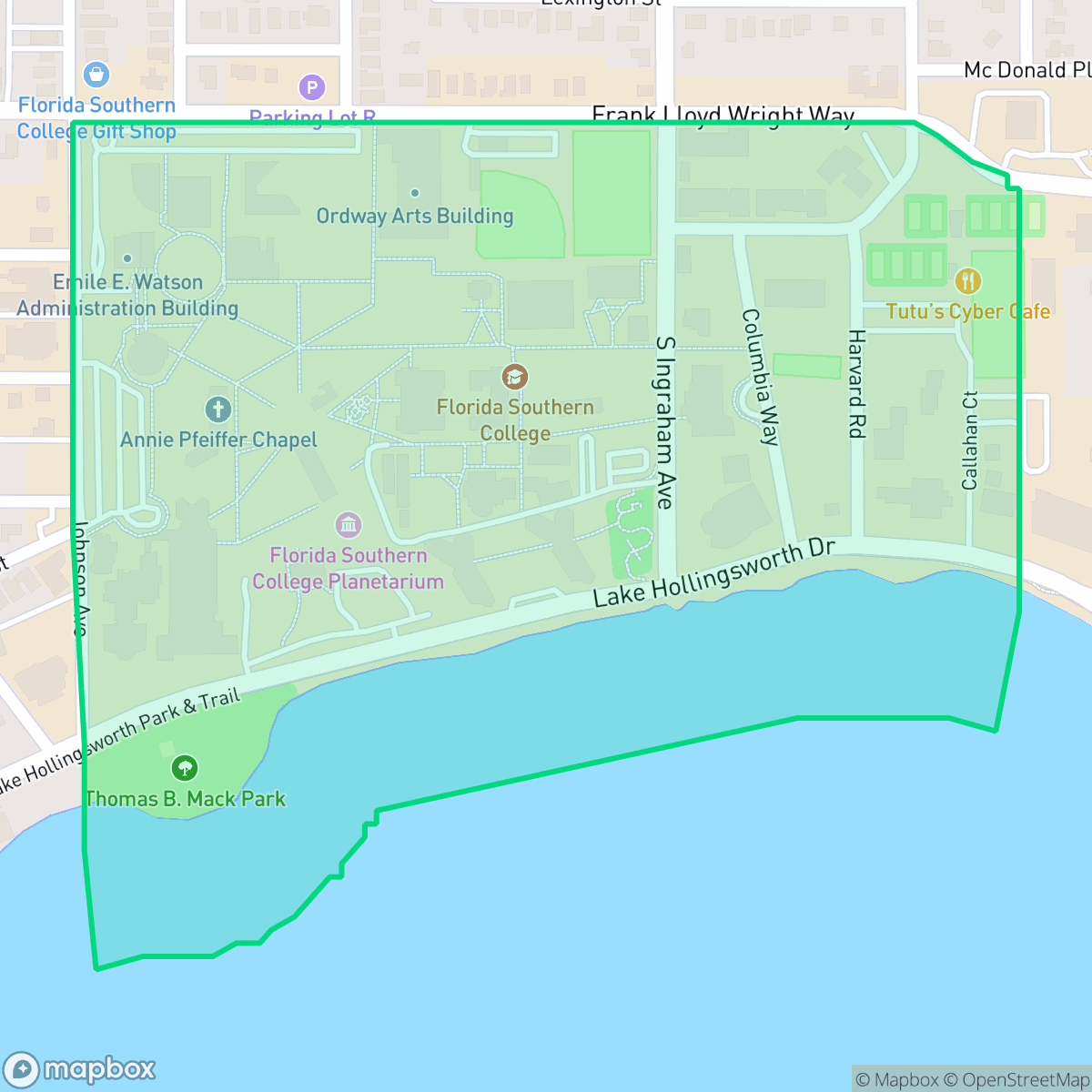 Map showing the location of Florida Southern College, Lakeland, FL