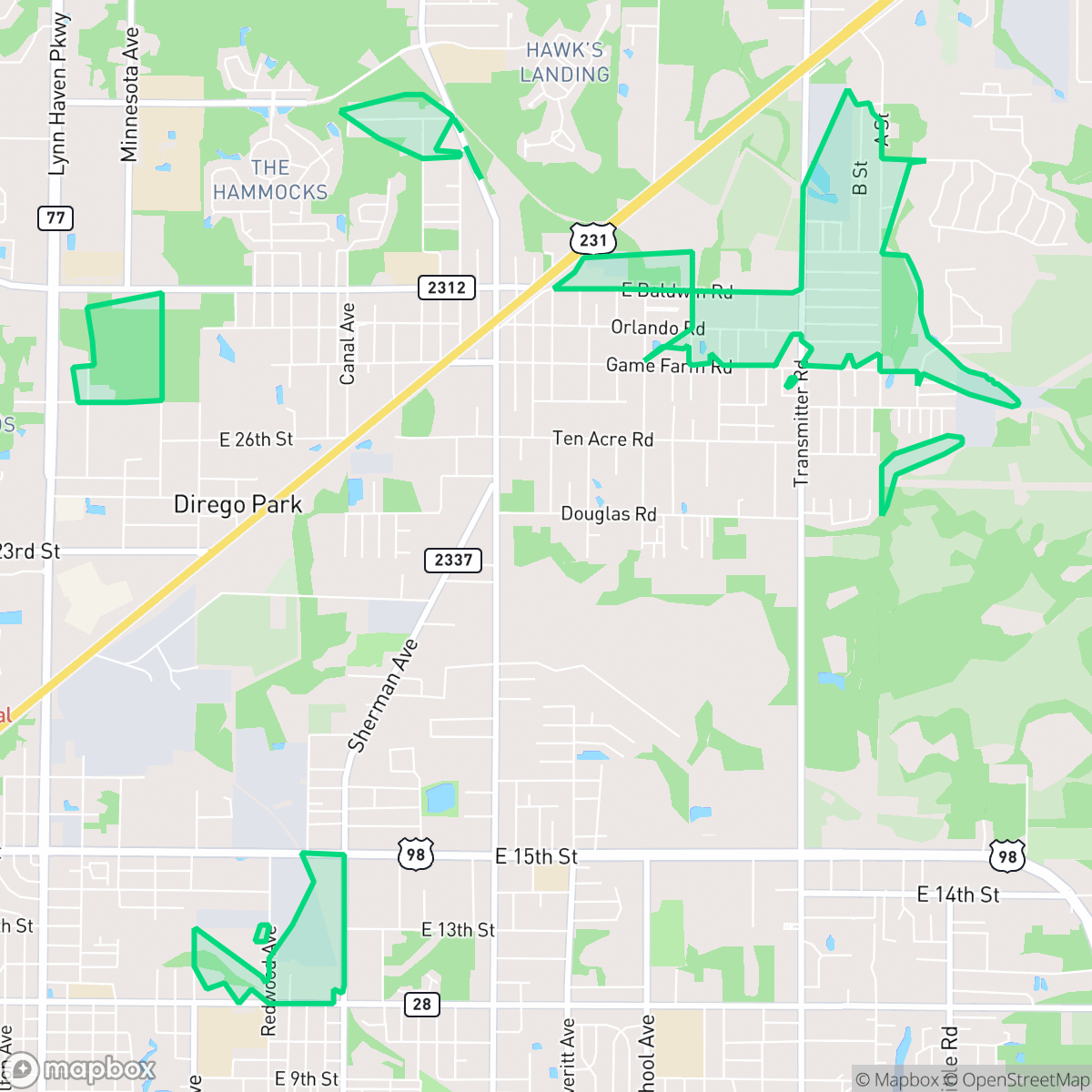 Map showing the location of Hiland Park, Lynn Haven, FL