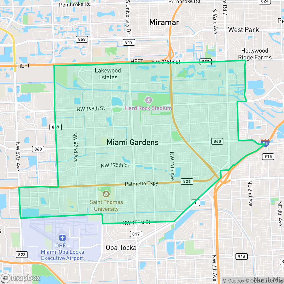 Map showing the location of Miami Gardens, FL — coverage area