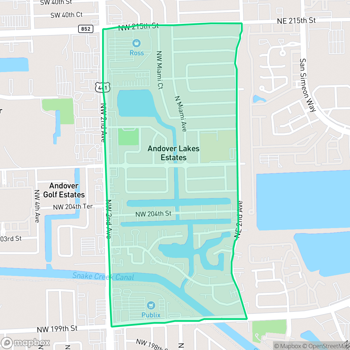 Map showing the location of Andover Lakes, Miami Gardens, FL