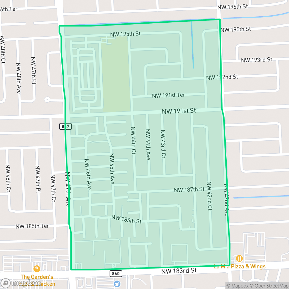 Map showing the location of King Gardens, Miami Gardens, FL