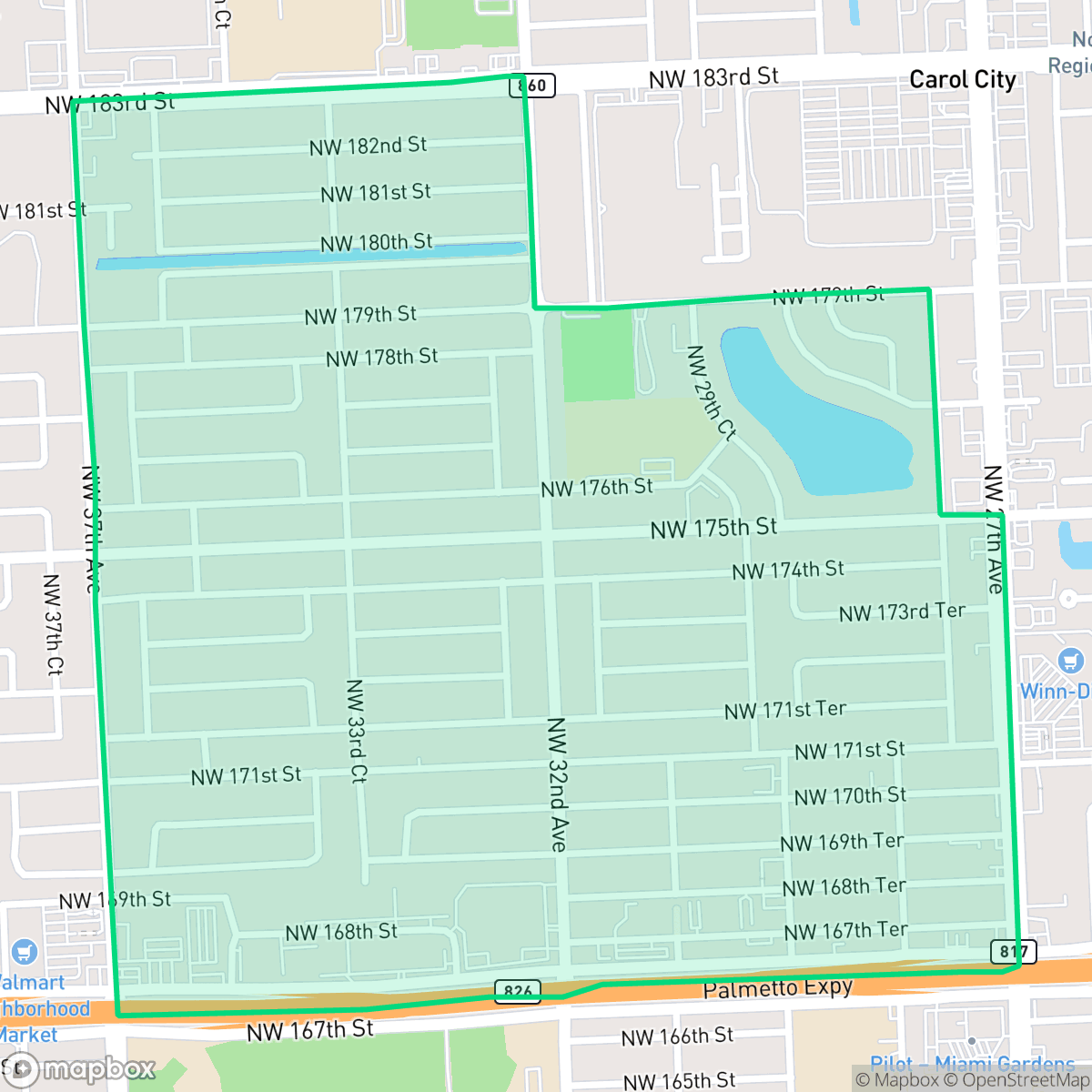 Map showing the location of Myrtle Grove, Miami Gardens, FL