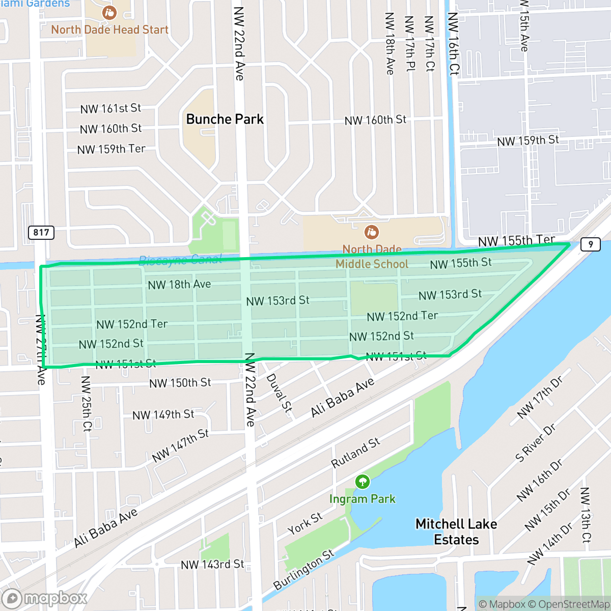 Map showing the location of Rainbow Park, Miami Gardens, FL