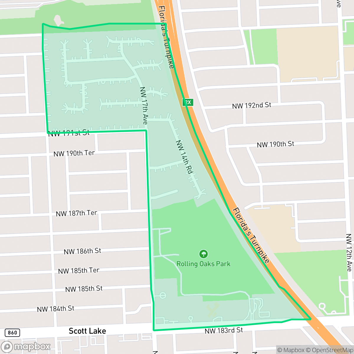 Map showing the location of Rolling Oaks, Miami Gardens, FL