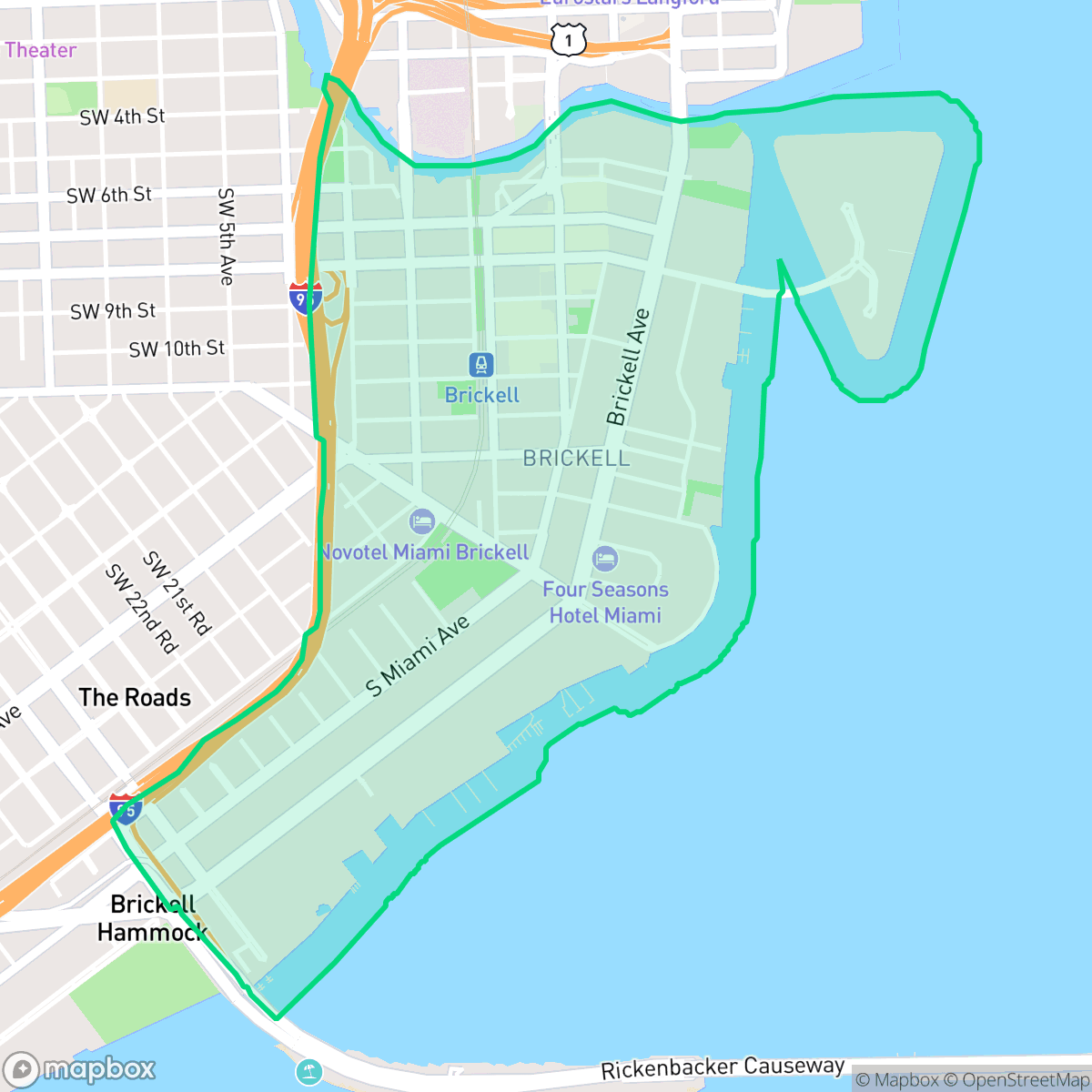 Map showing the location of Brickell, Miami, FL