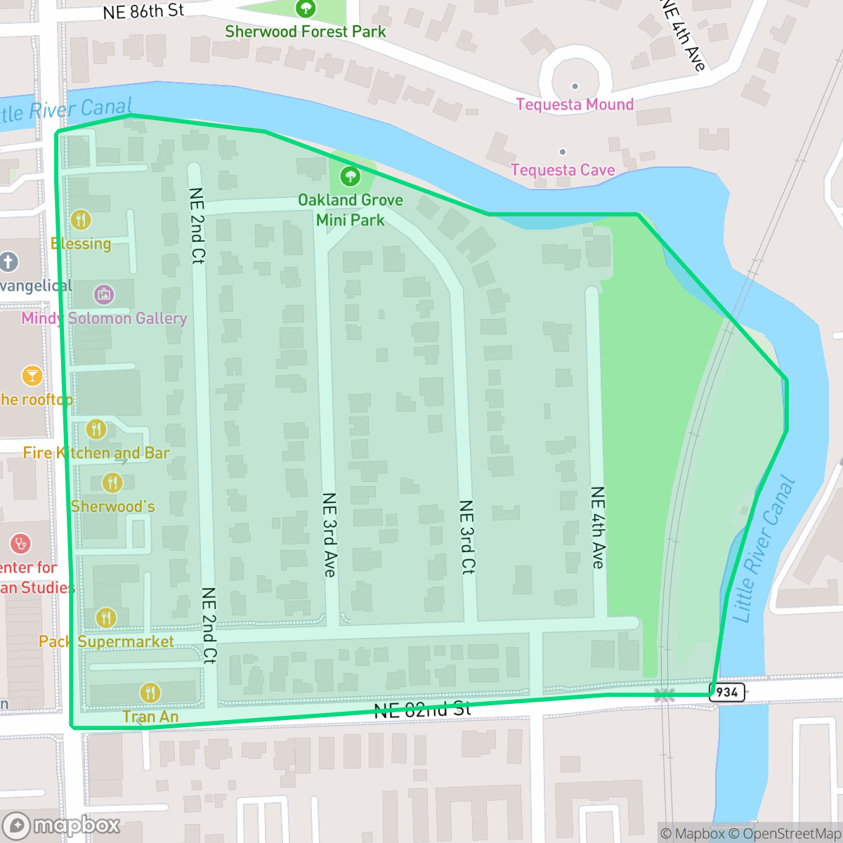 Map showing the location of Oakland Grove, Miami, FL