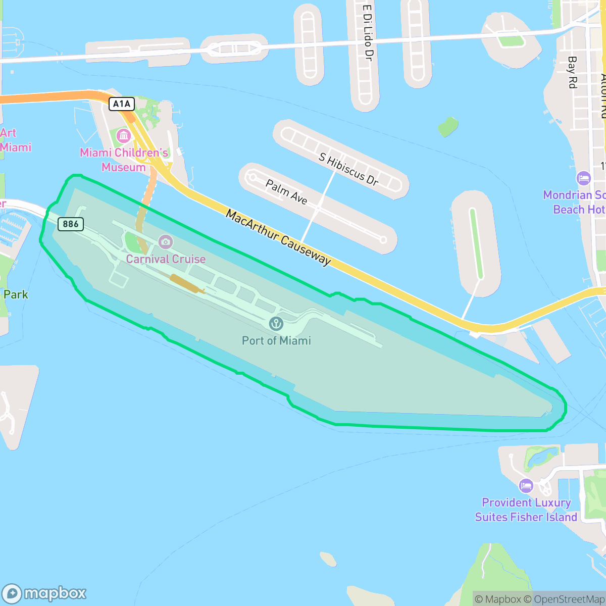 Map showing the location of Port of Miami - Dodge Island, Miami, FL