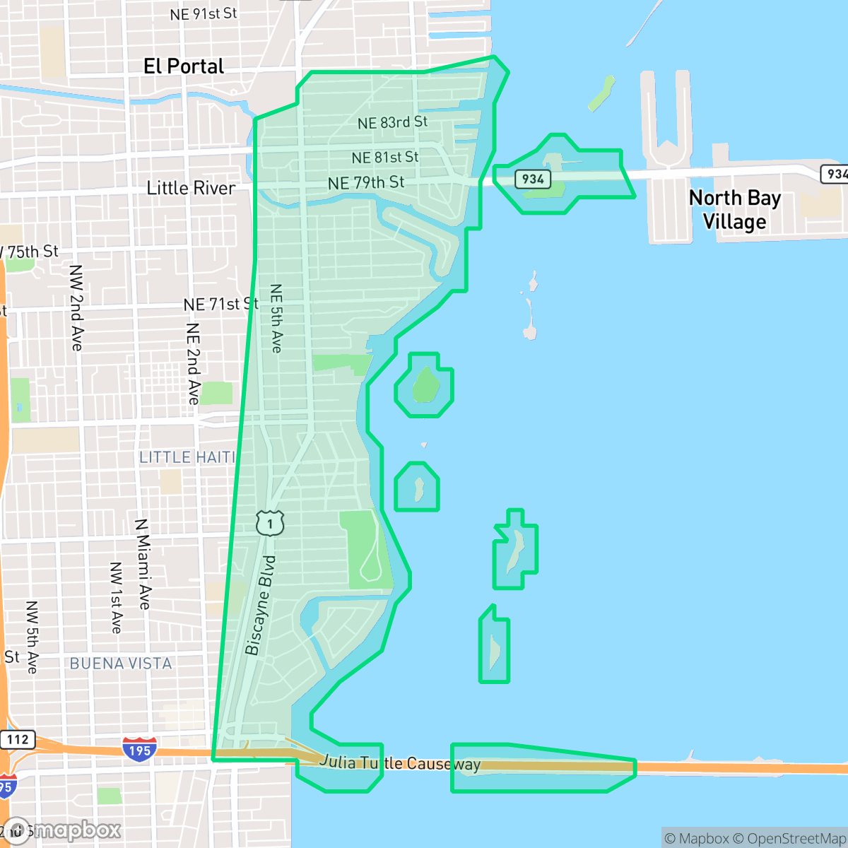 Map showing the location of Upper Eastside, Miami, FL