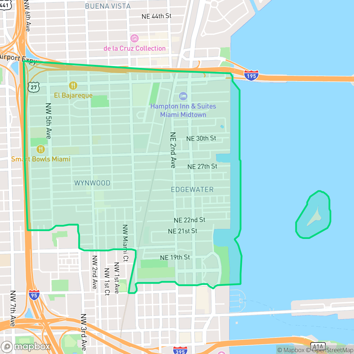 Map showing the location of Wynwood - Edgewater, Miami, FL