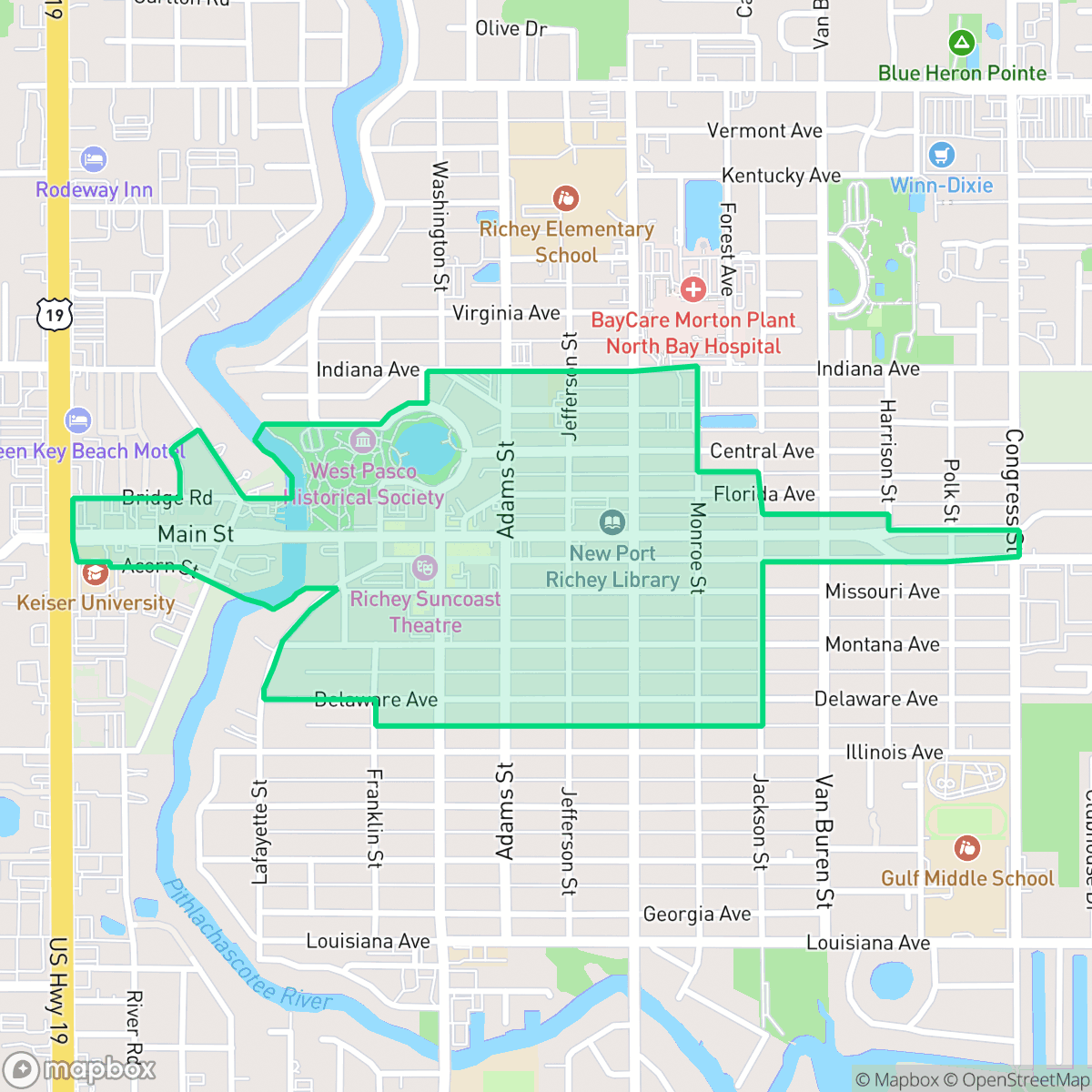 Map showing the location of Downtown, New Port Richey, FL