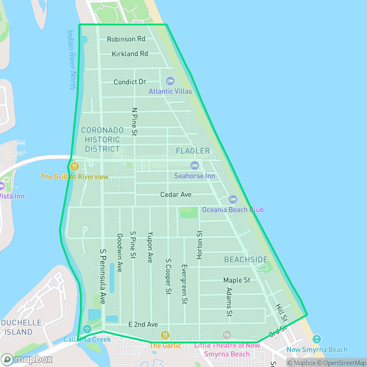 Map showing the location of Central Beach, New Smyrna Beach, FL