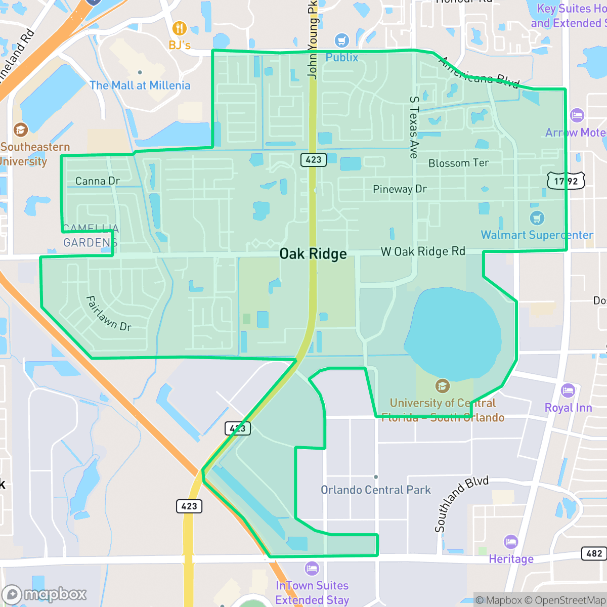 Map showing the location of Oak Ridge, FL — coverage area