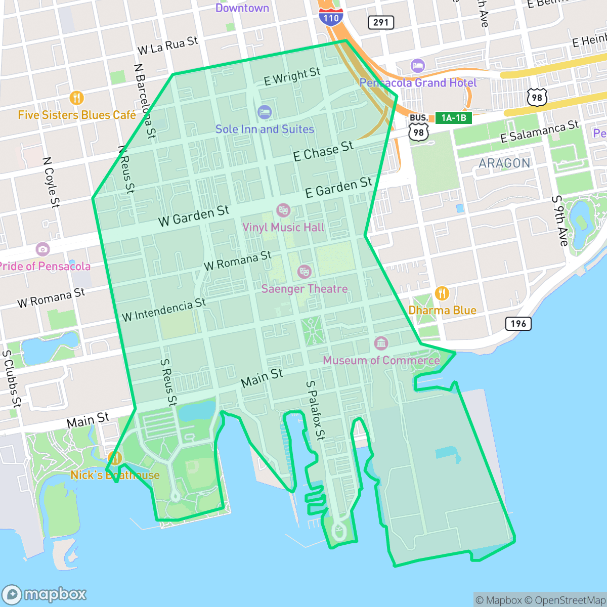 Map showing the location of Downtown, Pensacola, FL