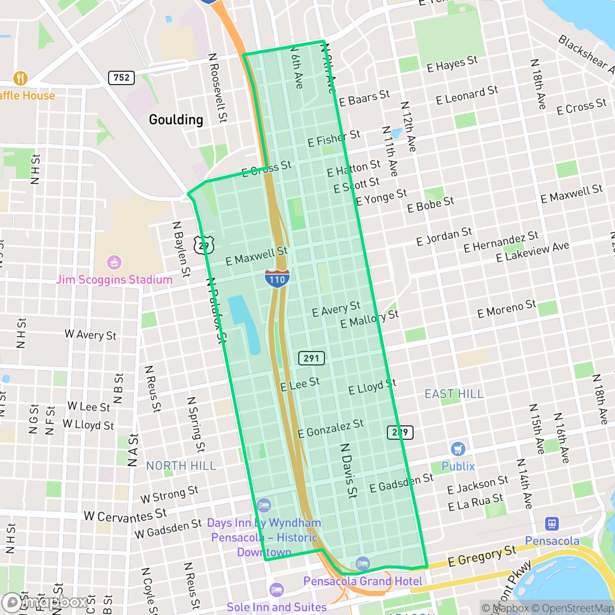 Map showing the location of East Downtown, Pensacola, FL
