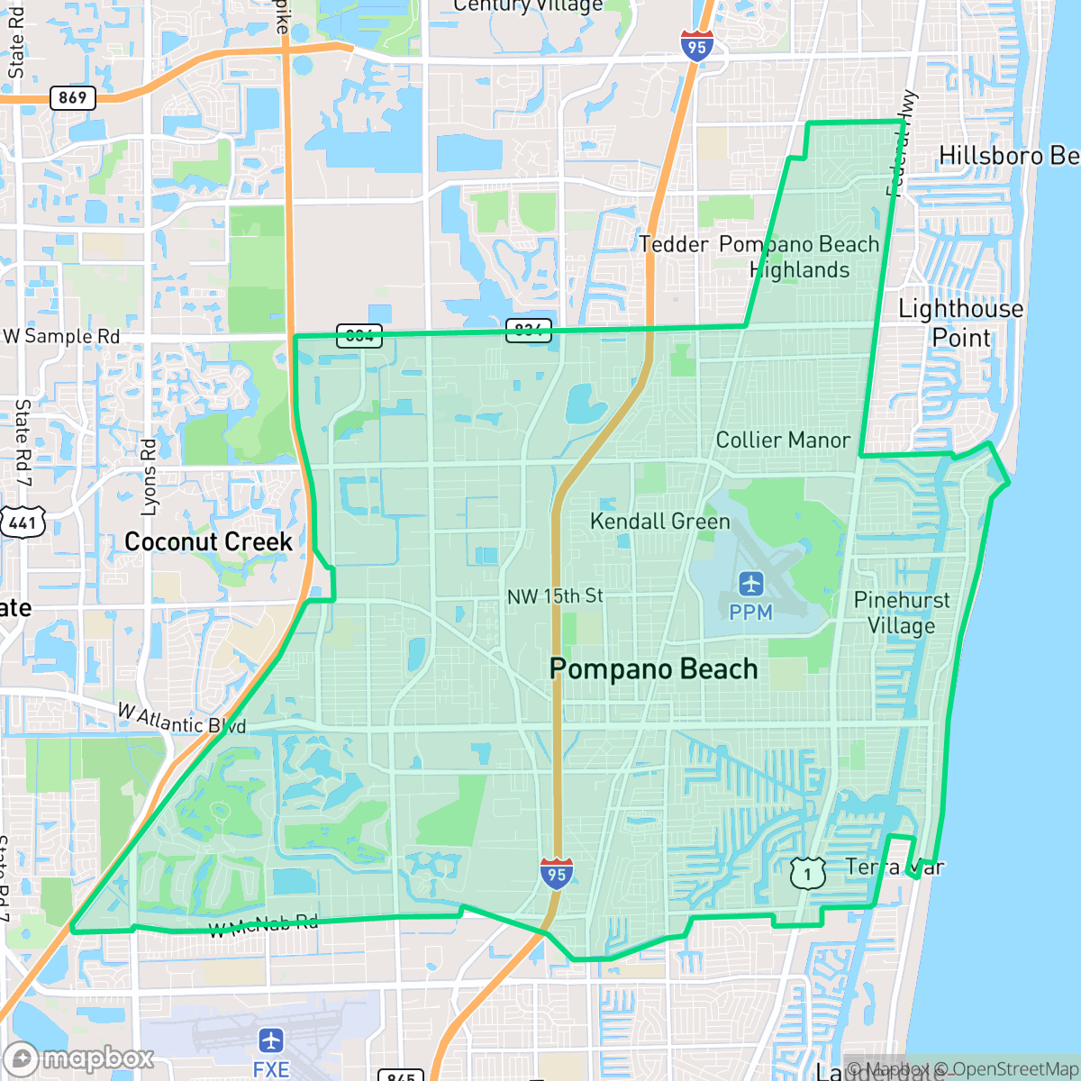 Map showing the location of Pompano Beach, FL — coverage area