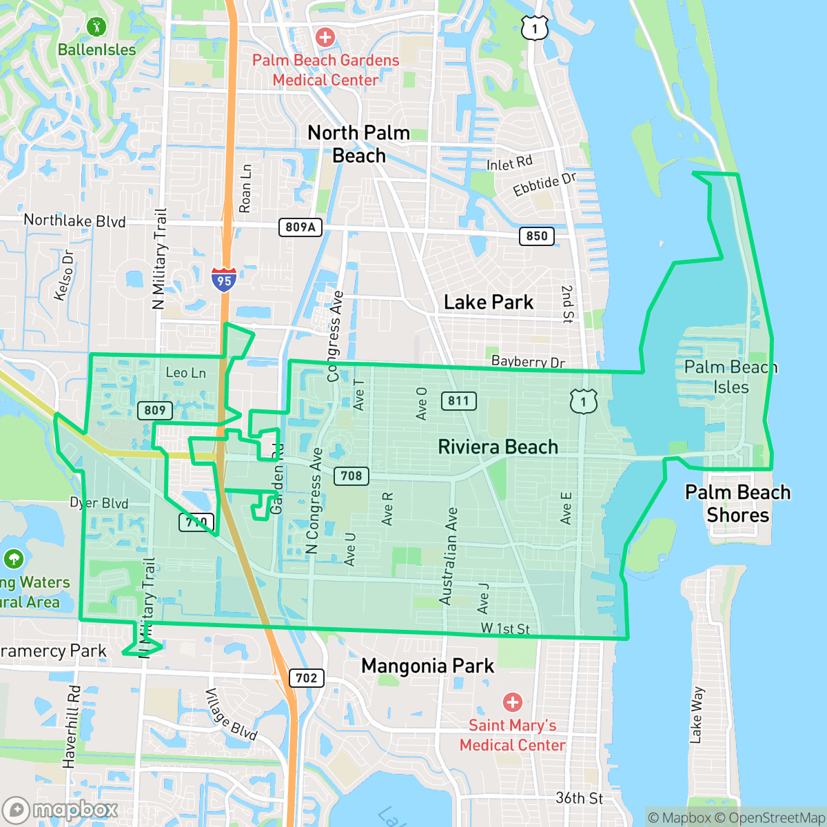 Map showing the location of Riviera Beach, FL — coverage area