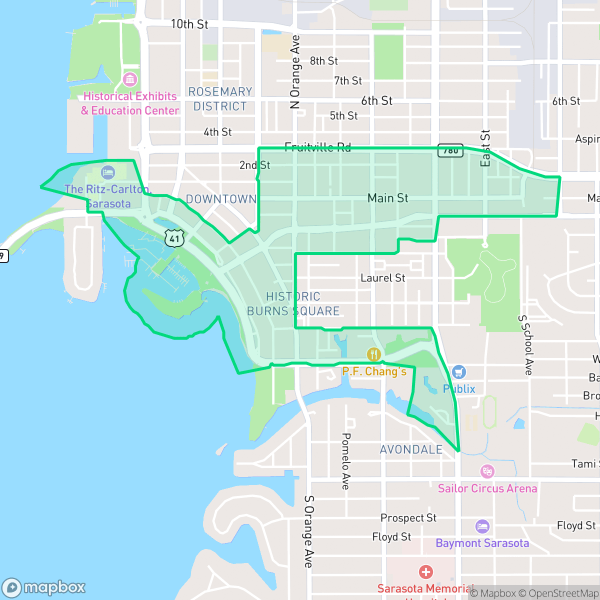 Map showing the location of Downtown, Sarasota, FL