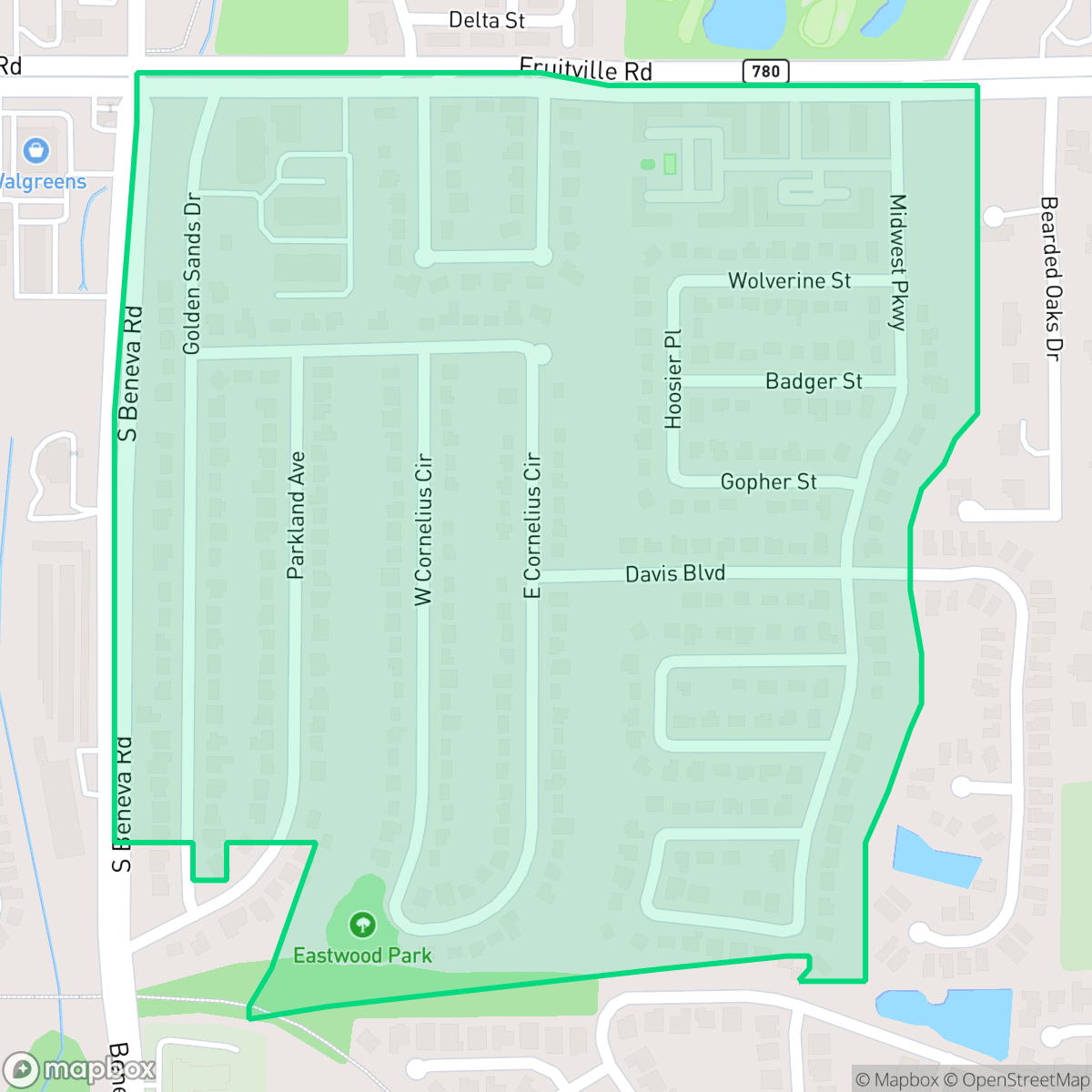 Map showing the location of Eastwood Oaks, Sarasota, FL