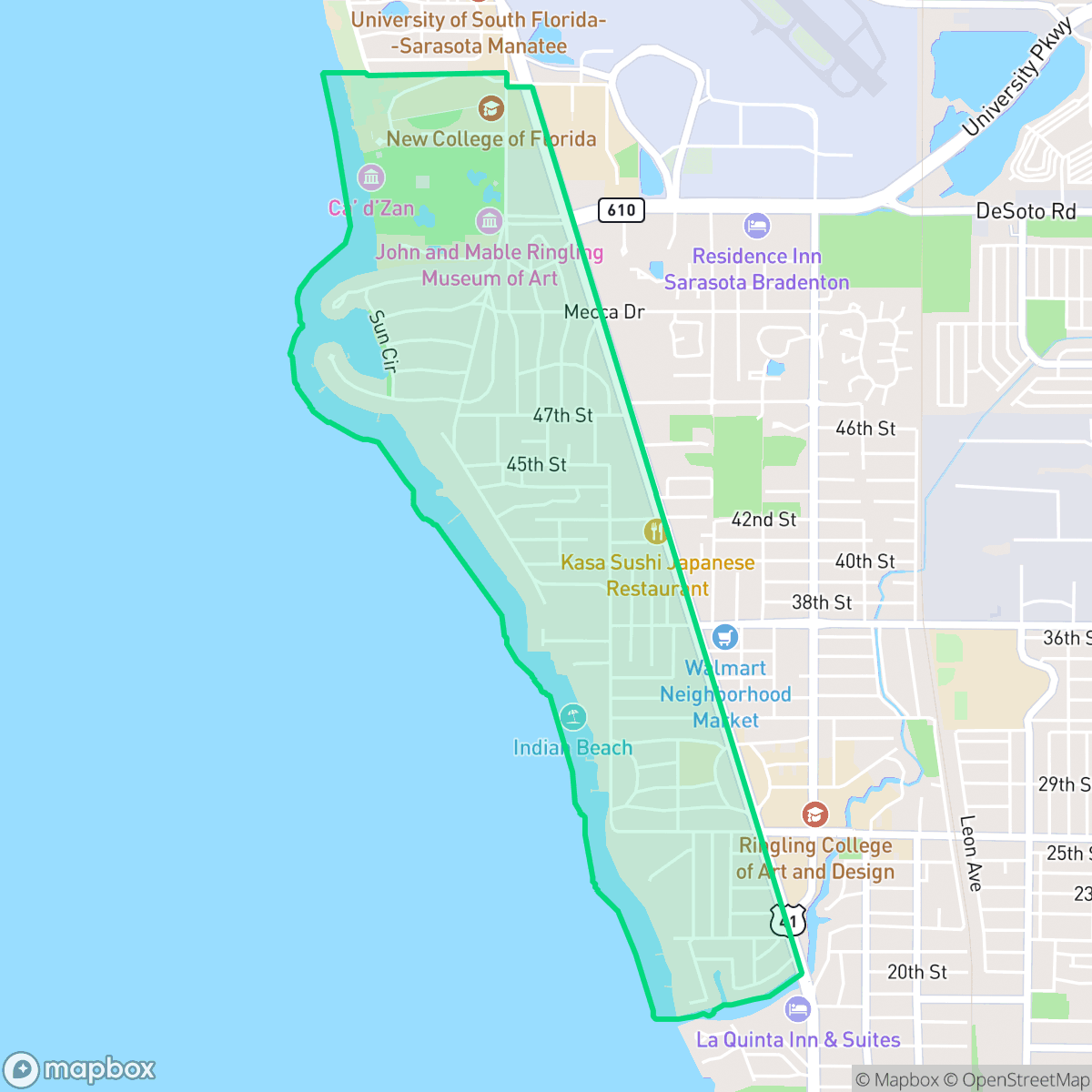 Map showing the location of Indian Beach-Sapphire Shores, Sarasota, FL