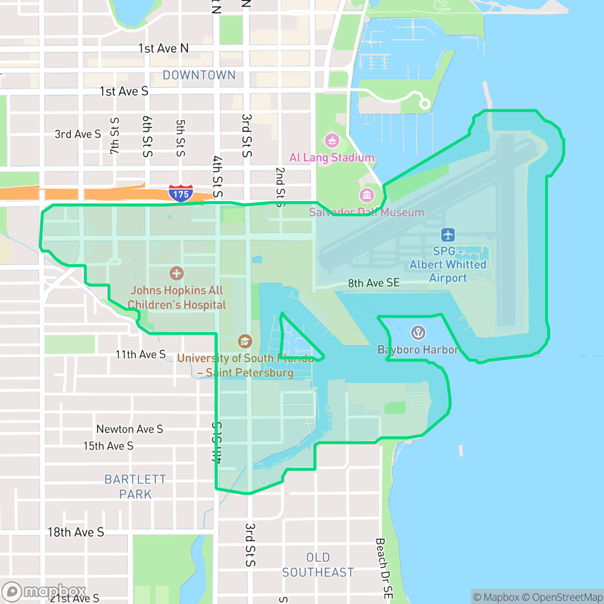 Map showing the location of Albert Whitted Airport, St. Petersburg, FL