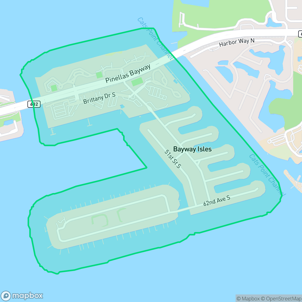 Map showing the location of Bayway Isles, St. Petersburg, FL