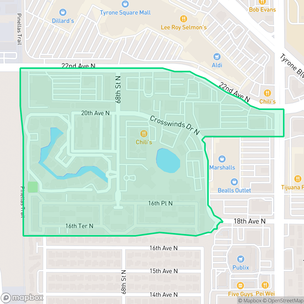 Map showing the location of Crosswinds Colony, St. Petersburg, FL