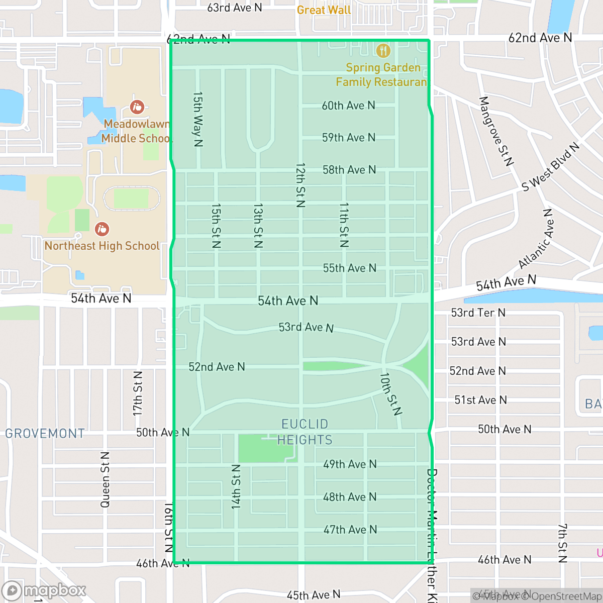 Map showing the location of Euclid Heights, St. Petersburg, FL